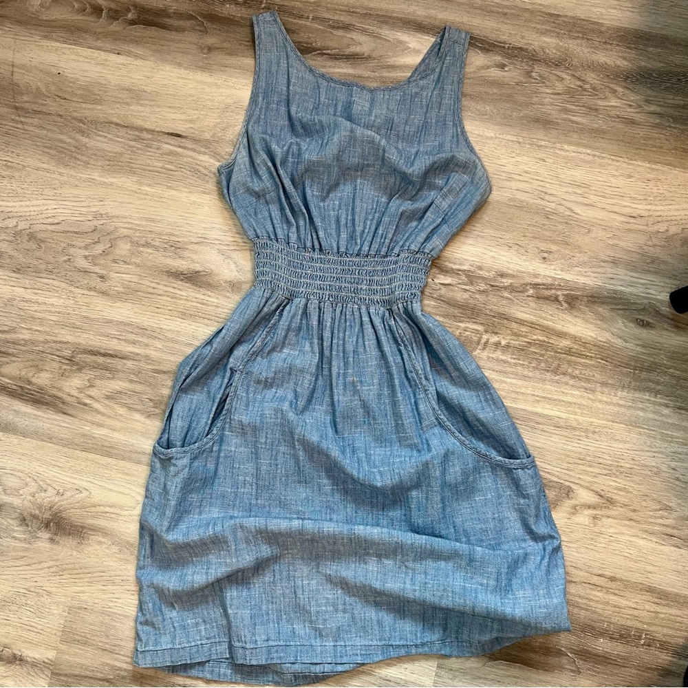 7 for All Mankind Chambray Defined Waist Open Tie Back Dress